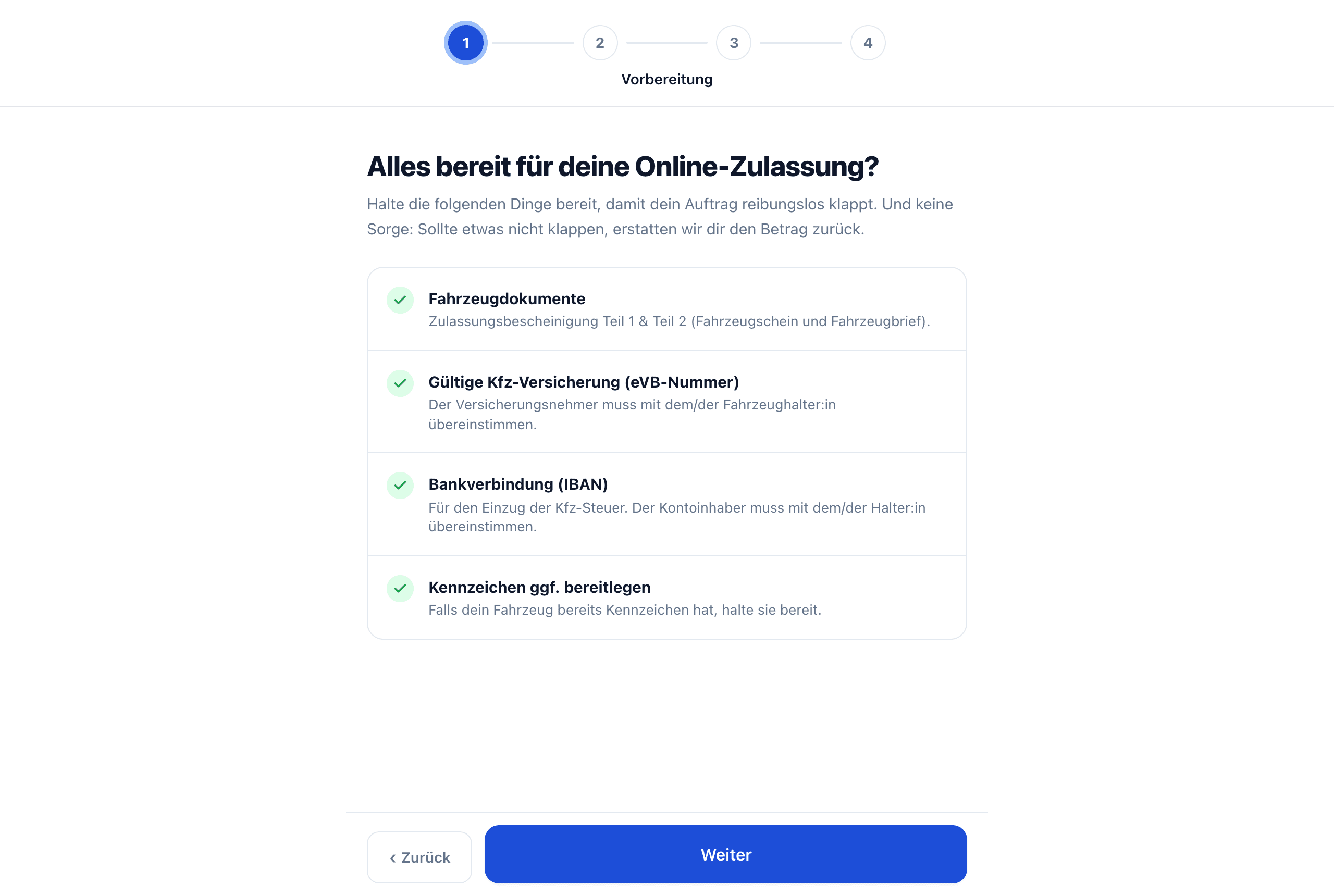 Das Zulassungs-Widget auf einer Website: Checkliste „Alles bereit für deine Online-Zulassung?“ im Zulassungsablauf