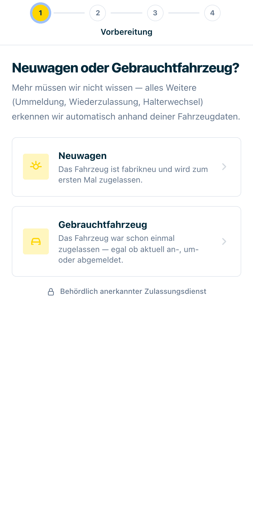 Derselbe erste Schritt der Online-Zulassung im Design eines Widget-Partners – identischer Aufbau, gelbe Akzentfarben